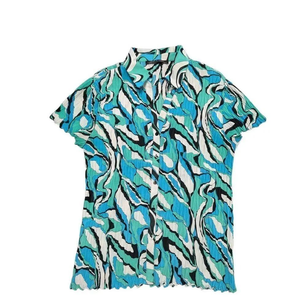 Violet & Claire Button Up Blue Stretch Blouse Abstract Print Top Women's Extra L